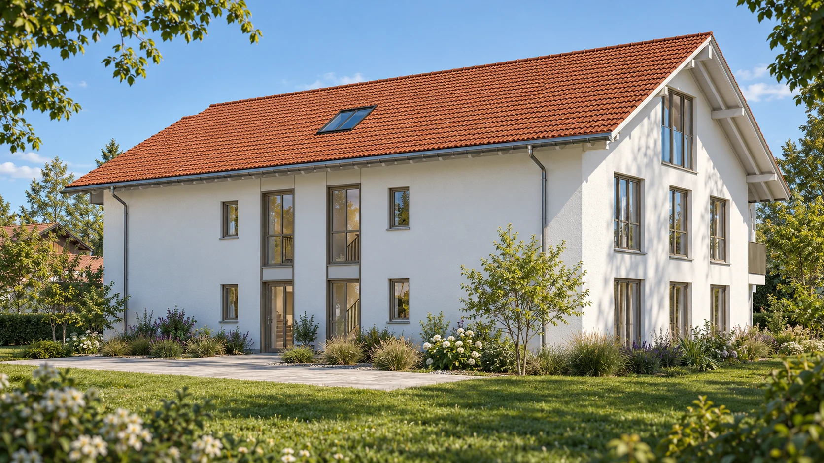 Visualisierung der Eingangsseite mit zentralem Treppenhaus und rotem Ziegeldach