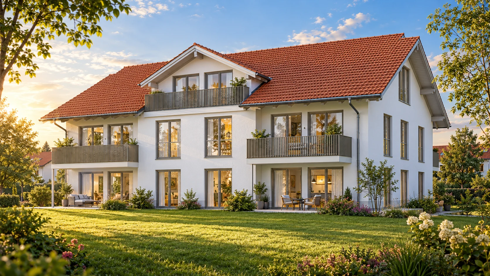 Visualisierung des Mehrfamilienhauses mit weißer Fassade, rotem Satteldach und Balkonen zur Gartenseite